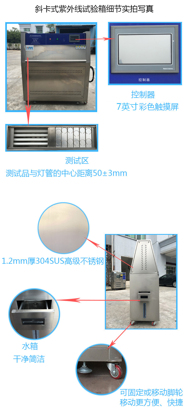 室外特拍斜卡式紫外線試驗箱的各個細節圖
